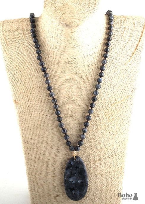 Boho Necklace, RH Rose Quart Amazonite, Oval Blue White Black Natural Stone